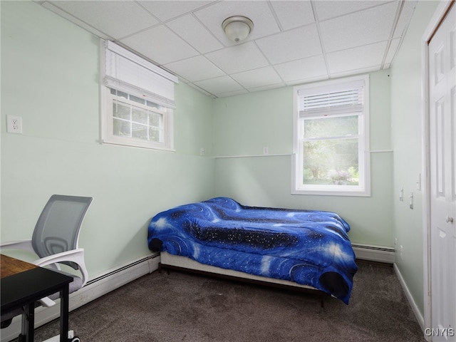 14496 Military Rd, Hounsfield, NY 13685 - bedroom with carpet, multiple windows, a drop ceiling, and a baseboard heating unit