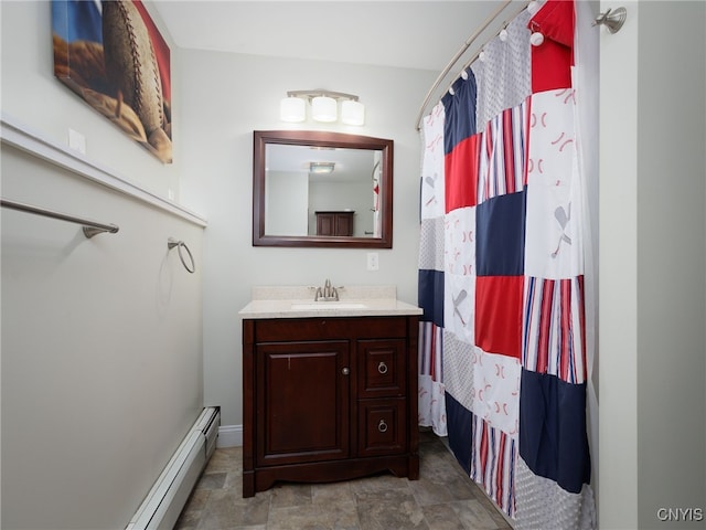 14496 Military Rd, Hounsfield, NY 13685 - full bathroom featuring vanity, stone finish flooring, a shower with curtain, and a baseboard radiator