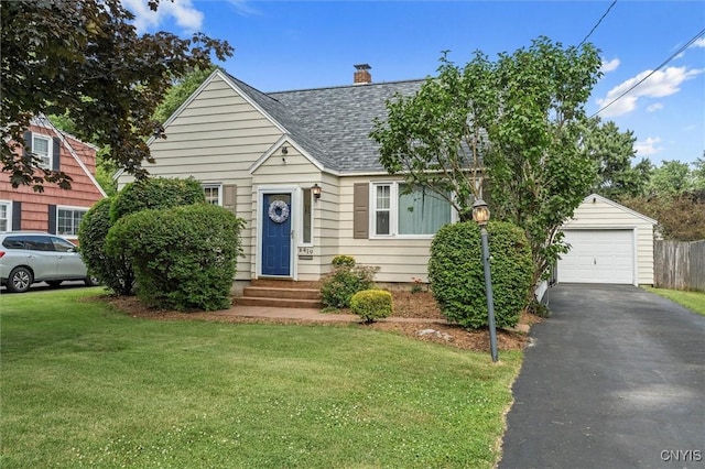 419 Bronson Rd, Geddes, NY 13219 - view of front of property featuring entry steps, roof with shingles, a front yard, a chimney, and asphalt driveway