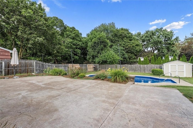 419 Bronson Rd, Geddes, NY 13219 - view of swimming pool with a storage shed, a patio area, and a fenced backyard