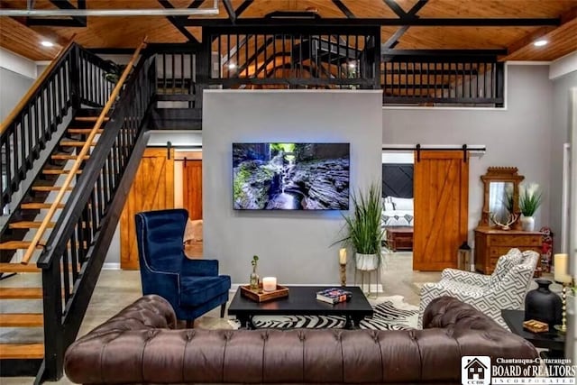 942 Spencer Rd, Kiantone, NY 14701 - living area with a barn door, stairs, wooden ceiling, and recessed lighting