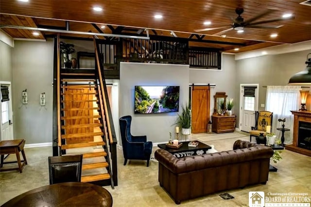 942 Spencer Rd, Kiantone, NY 14701 - living room featuring wooden ceiling, ceiling fan, stairs, recessed lighting, and plenty of natural light