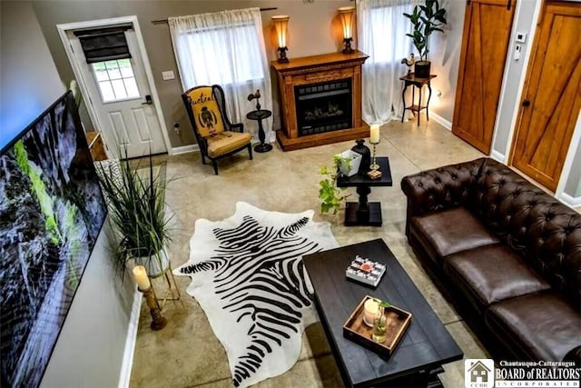 942 Spencer Rd, Kiantone, NY 14701 - living area featuring baseboards and a fireplace with raised hearth