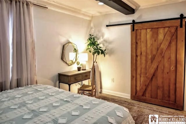 942 Spencer Rd, Kiantone, NY 14701 - bedroom featuring a barn door, ornamental molding, and beam ceiling