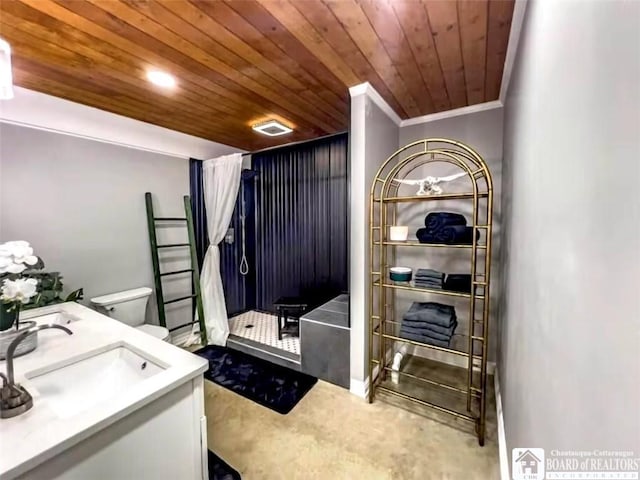 942 Spencer Rd, Kiantone, NY 14701 - bathroom with wooden ceiling, crown molding, a walk in shower, and vanity