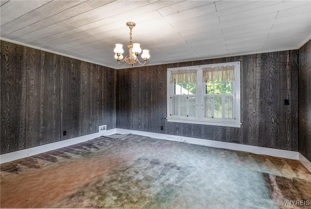 2458 Hess Rd, Newfane, NY 14008 - carpeted empty room with a chandelier, wooden walls, and wooden ceiling