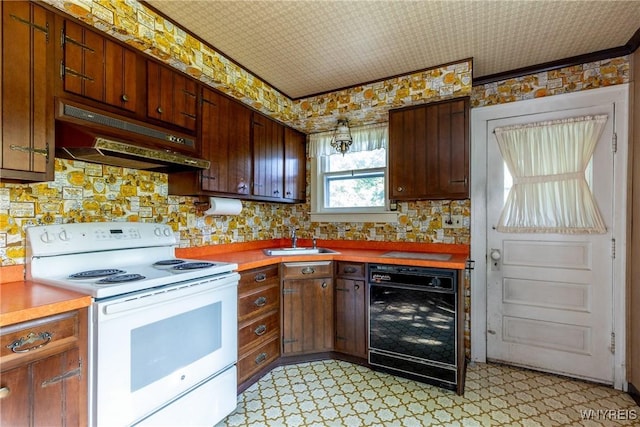 2458 Hess Rd, Newfane, NY 14008 - kitchen featuring white range with electric stovetop, under cabinet range hood, dishwasher, light flooring, and light countertops
