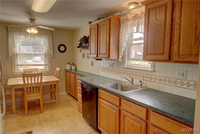 112 Vegola Ave, Cheektowaga, NY 14225 - kitchen with dishwasher, a ceiling fan, decorative backsplash, and dark countertops