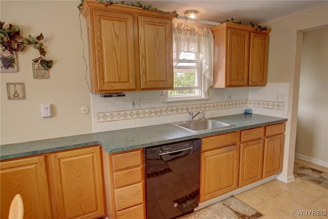 112 Vegola Ave, Cheektowaga, NY 14225 - kitchen featuring black dishwasher, tasteful backsplash, dark countertops, light tile patterned floors, and brown cabinets