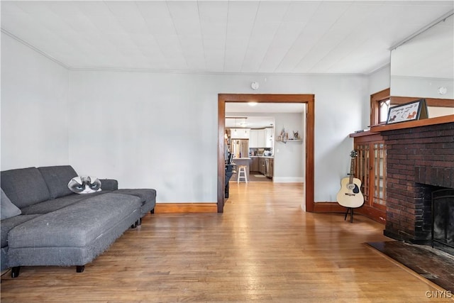 423 Highland Ave, Dewitt, NY 13057 - living area with a fireplace, wood finished floors, and ornamental molding