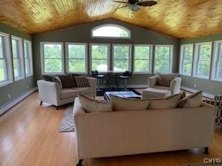 884 Kibby Rd, Lysander, NY 13027 - living area featuring wooden ceiling, wood finished floors, healthy amount of natural light, vaulted ceiling, and ceiling fan