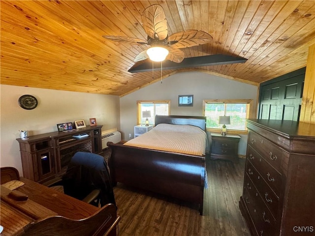 3018 Camp Rd, Eaton, NY 13334 - bedroom with wood ceiling, lofted ceiling, wood finished floors, a wall unit AC, and ceiling fan