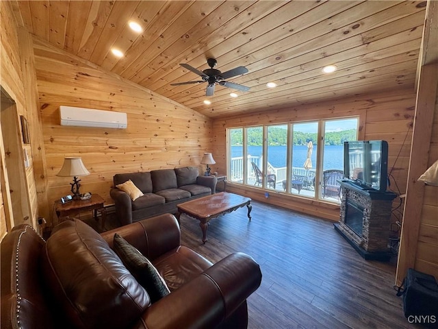 3018 Camp Rd, Eaton, NY 13334 - living area with wood ceiling, vaulted ceiling, a wall unit AC, wooden walls, and a ceiling fan