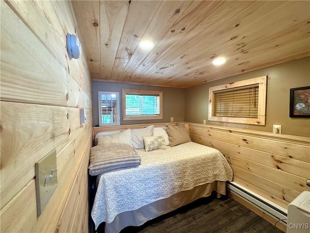 3018 Camp Rd, Eaton, NY 13334 - bedroom with wood finished floors, a baseboard radiator, wood ceiling, wood walls, and recessed lighting