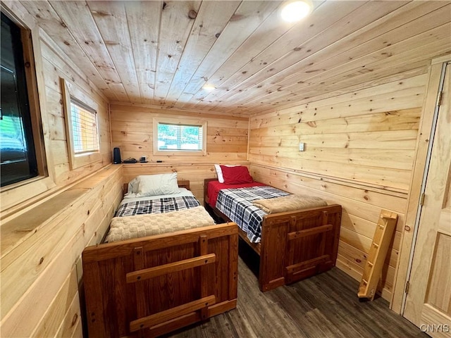 3018 Camp Rd, Eaton, NY 13334 - bedroom featuring wooden ceiling, dark wood-type flooring, and wood walls