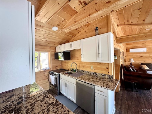 3018 Camp Rd, Eaton, NY 13334 - kitchen featuring stainless steel appliances, wooden ceiling, wooden walls, light stone counters, and white cabinetry