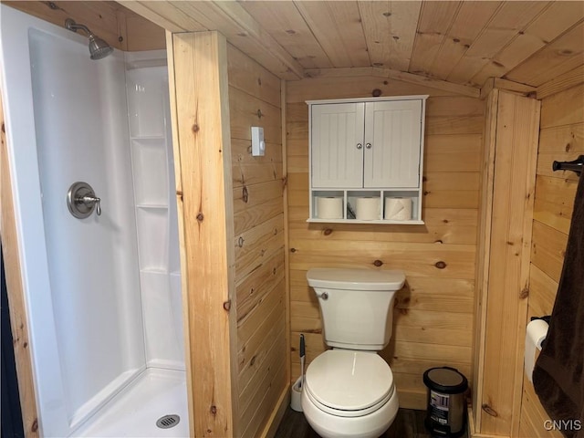 3018 Camp Rd, Eaton, NY 13334 - full bathroom featuring a shower stall, wooden walls, and lofted ceiling