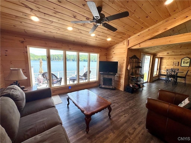 3018 Camp Rd, Eaton, NY 13334 - living room with wood walls, wooden ceiling, plenty of natural light, a ceiling fan, and dark wood-style floors