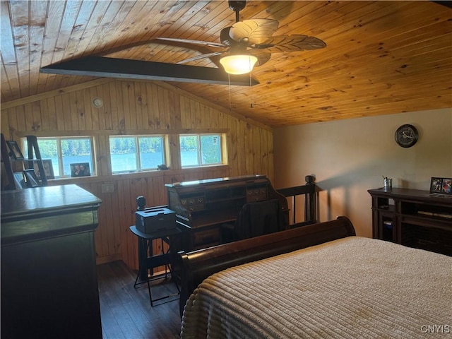3018 Camp Rd, Eaton, NY 13334 - bedroom featuring wood ceiling, lofted ceiling, hardwood / wood-style flooring, wooden walls, and a ceiling fan