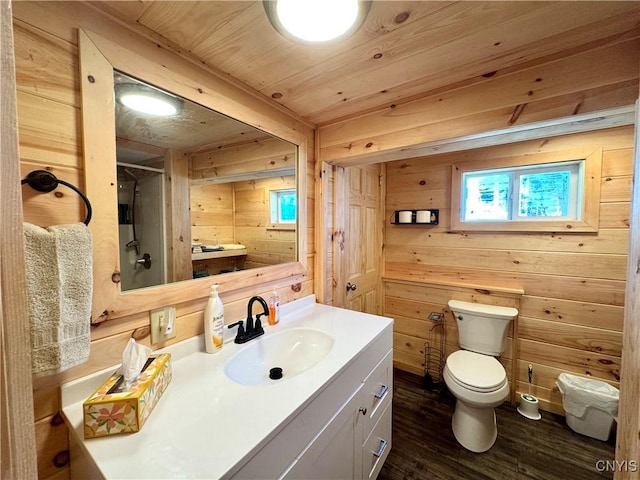 3018 Camp Rd, Eaton, NY 13334 - full bathroom featuring vanity, wooden walls, wood finished floors, and a shower