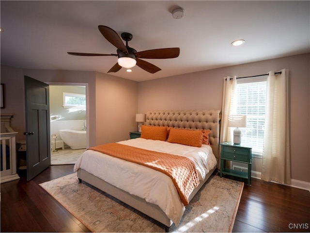 2480 Middle Rd, Oneida, NY 13421 - bedroom featuring hardwood / wood-style floors, recessed lighting, ensuite bathroom, and a ceiling fan