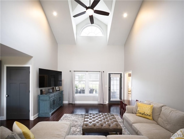 2480 Middle Rd, Oneida, NY 13421 - living room with high vaulted ceiling, ceiling fan, and dark wood-style floors