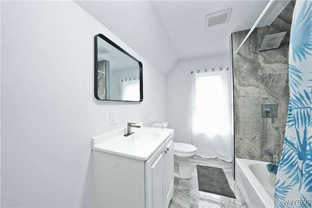 290 Riverside Ave, Buffalo, NY 14207 - bathroom with marble finish flooring, vanity, vaulted ceiling, and shower / bath combo