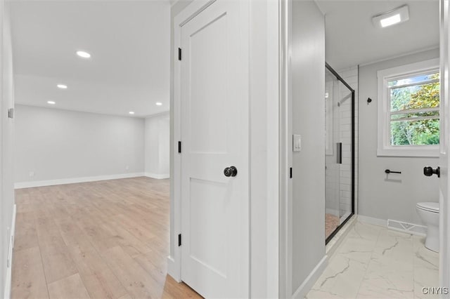 105 Benoit Dr, Geddes, NY 13209 - full bath featuring a stall shower, recessed lighting, and marble finish flooring