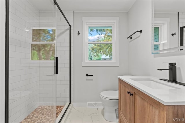 105 Benoit Dr, Geddes, NY 13209 - full bath featuring marble look tile flooring, a shower stall, and vanity