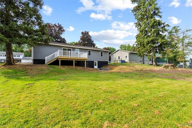 105 Benoit Dr, Geddes, NY 13209 - rear view of property with a wooden deck, a yard, and stairs