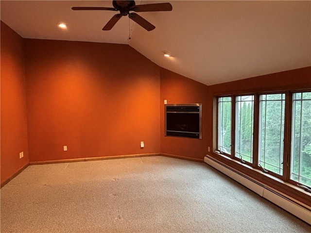 20-22 N Belmont Cir, Oneonta, NY 13820 - unfurnished living room featuring a baseboard radiator, lofted ceiling, light carpet, a ceiling fan, and recessed lighting