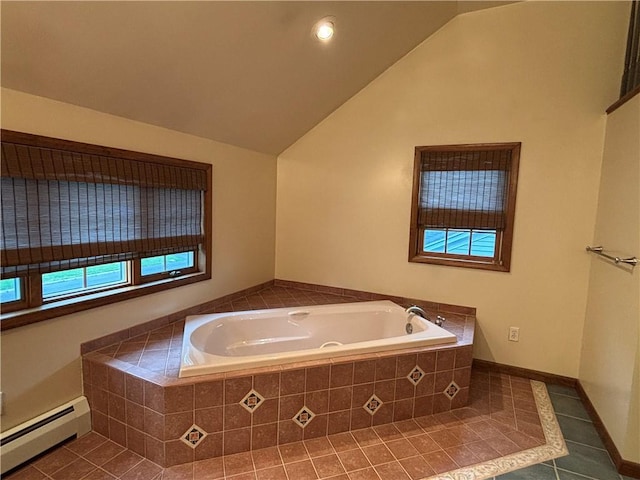 20-22 N Belmont Cir, Oneonta, NY 13820 - bathroom with baseboard heating, tile patterned floors, a bath, and lofted ceiling