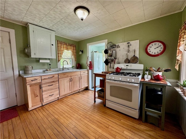 44 Bloom St, Butternuts, NY 13776 - kitchen featuring white appliances, crown molding, light countertops, and light wood-style floors