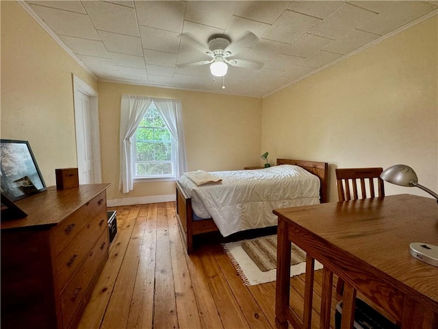 44 Bloom St, Butternuts, NY 13776 - bedroom featuring crown molding, light wood-style floors, and a ceiling fan