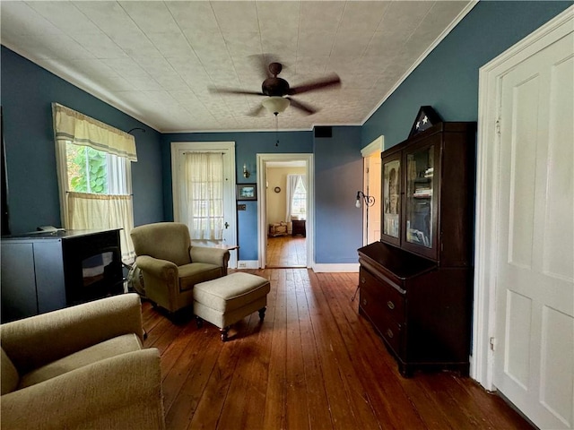 44 Bloom St, Butternuts, NY 13776 - living room featuring hardwood / wood-style flooring, ceiling fan, and ornamental molding