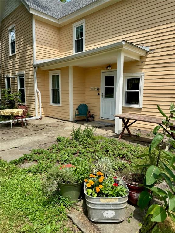 44 Bloom St, Butternuts, NY 13776 - view of exterior entry featuring a patio and roof with shingles