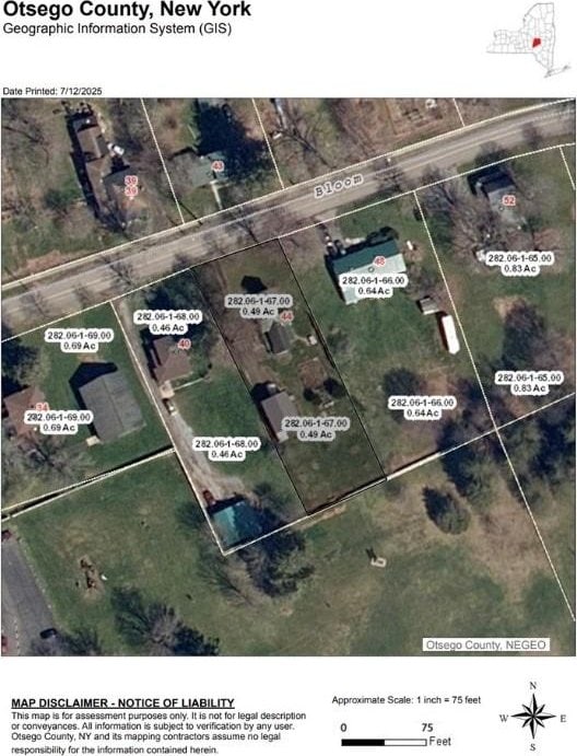 44 Bloom St, Butternuts, NY 13776 - aerial map of property and surrounding area with property parcel outlined