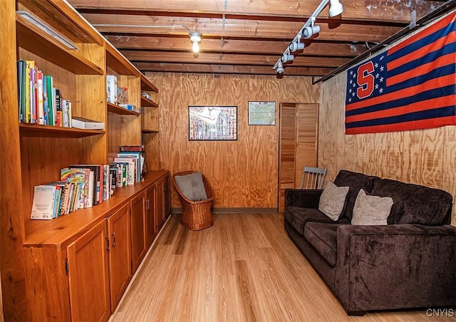 112 Haverhill Dr, Dewitt, NY 13214 - living area with light wood-type flooring, track lighting, and wooden walls