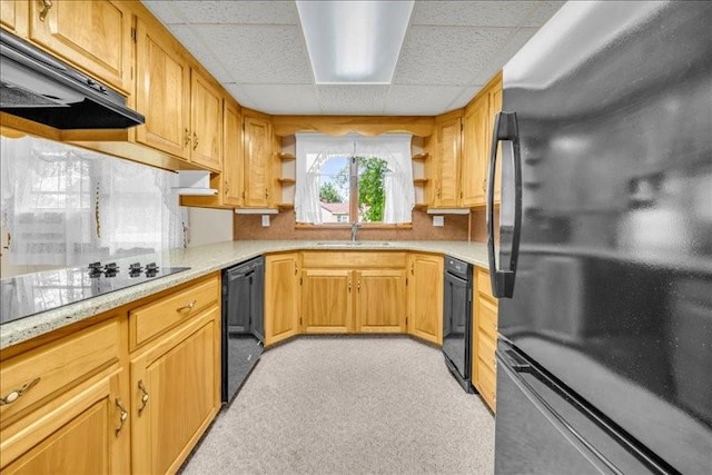 12 Sunset Dr, Afton, NY 13730 - kitchen with black appliances, open shelves, range hood, a drop ceiling, and light colored carpet