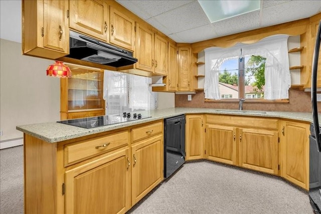 12 Sunset Dr, Afton, NY 13730 - kitchen featuring open shelves, black appliances, under cabinet range hood, light carpet, and tasteful backsplash