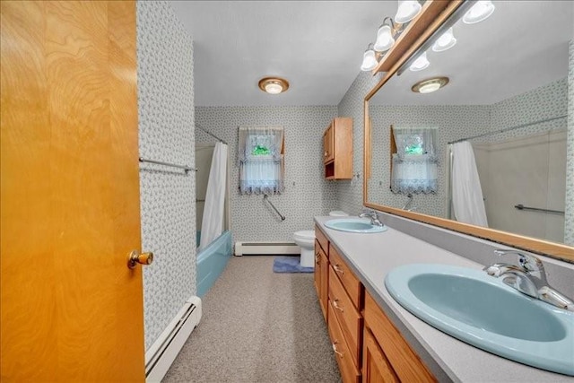 12 Sunset Dr, Afton, NY 13730 - full bath featuring a baseboard heating unit, double vanity, shower / bath combination with curtain, and wallpapered walls