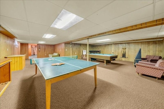 12 Sunset Dr, Afton, NY 13730 - playroom with a drop ceiling, carpet floors, wood walls, and pool table