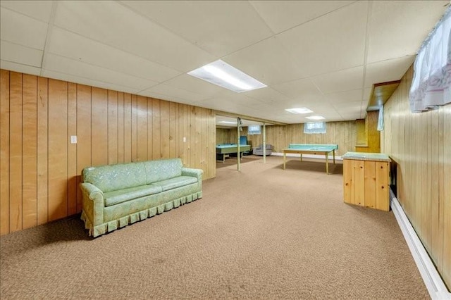 12 Sunset Dr, Afton, NY 13730 - rec room featuring pool table, a drop ceiling, carpet flooring, and wood walls