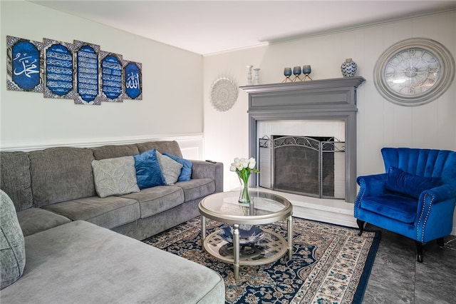 34 Stonewall Ct, Greece, NY 14615 - living room featuring a fireplace with raised hearth and a decorative wall