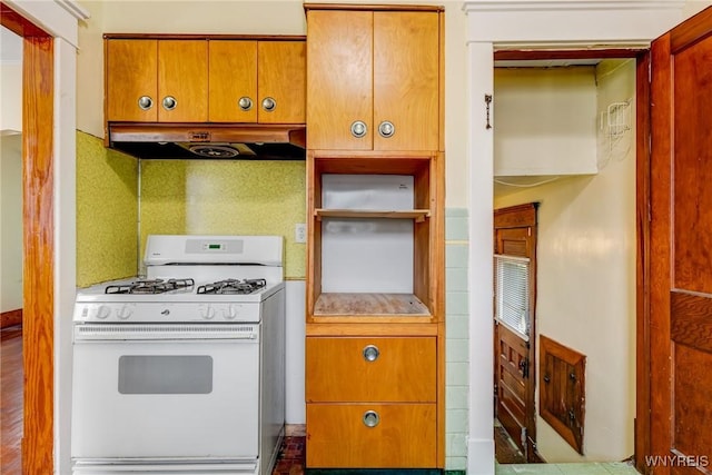 2239 Willow Ave, Niagara Falls, NY 14305 - kitchen with white gas range oven, under cabinet range hood, brown cabinetry, and light countertops