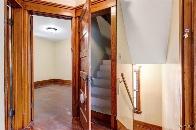 2239 Willow Ave, Niagara Falls, NY 14305 - stairs featuring baseboards and wood finished floors