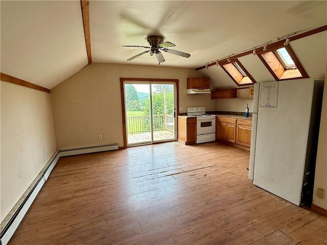 1796 Gladstone Hollow Rd, Andes, NY 13731 - kitchen with white appliances, lofted ceiling, a skylight, baseboard heating, and light wood-type flooring