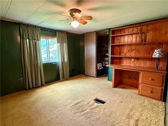 1796 Gladstone Hollow Rd, Andes, NY 13731 - unfurnished office featuring a ceiling fan, light carpet, and wooden walls