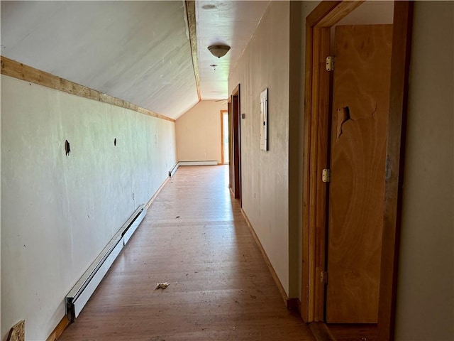 1796 Gladstone Hollow Rd, Andes, NY 13731 - hallway with a baseboard heating unit, lofted ceiling, and light wood-style flooring