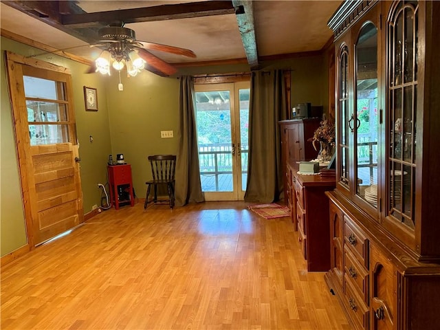 1796 Gladstone Hollow Rd, Andes, NY 13731 - doorway featuring light wood-type flooring, ceiling fan, and beam ceiling